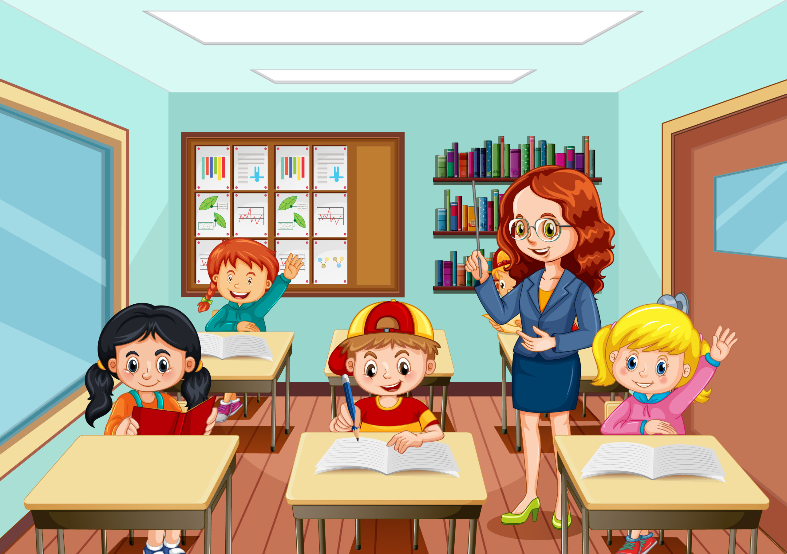 Teacher teaching students in the classroom scene Teacher teaching students in the classroom scene illustration